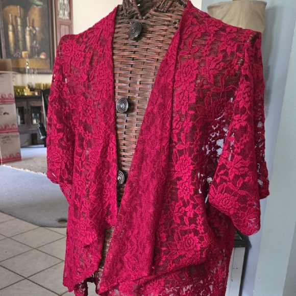 Red Lace Open-Front Cardigan - Picture 5 of 8